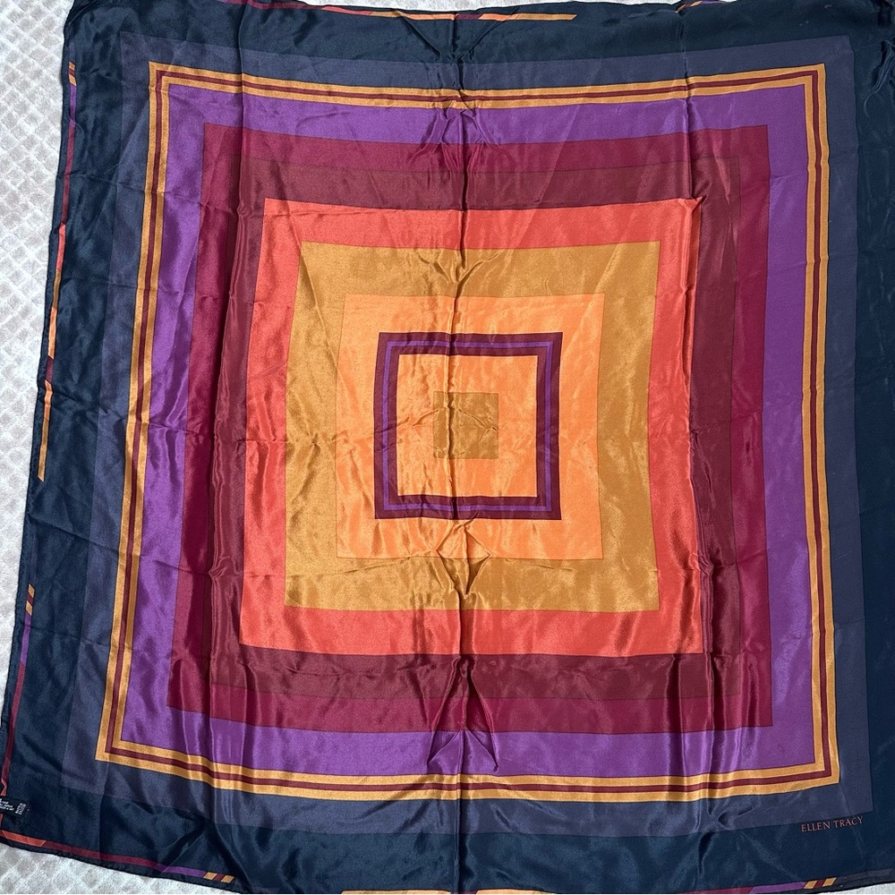 Ellen Tracy Navy, Purple & Red Geometric 38” square Silk Scarf